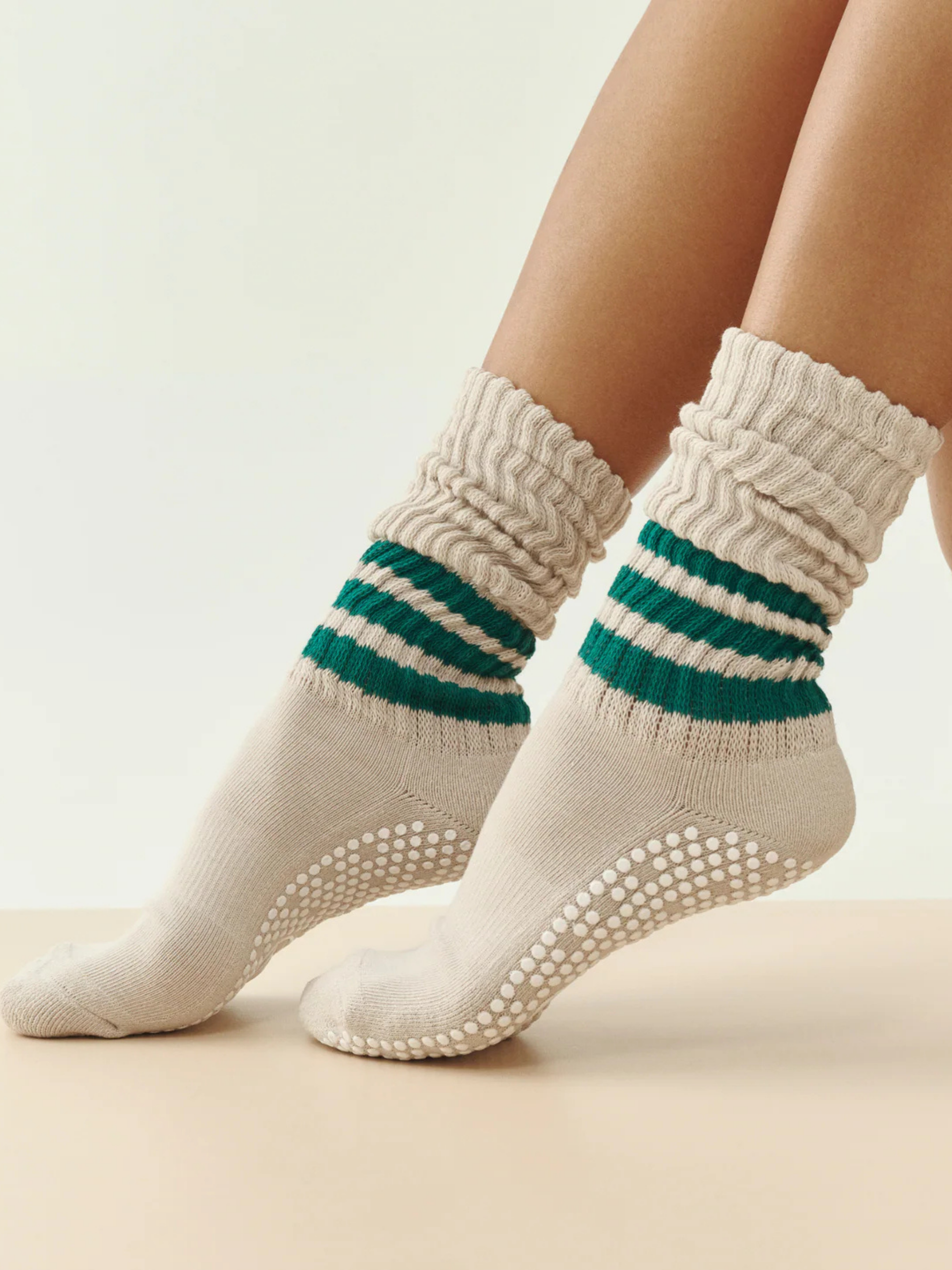 Scrunch Non Slip Grip Socks - Oat Emerald Stripe Slouch | MoveActive