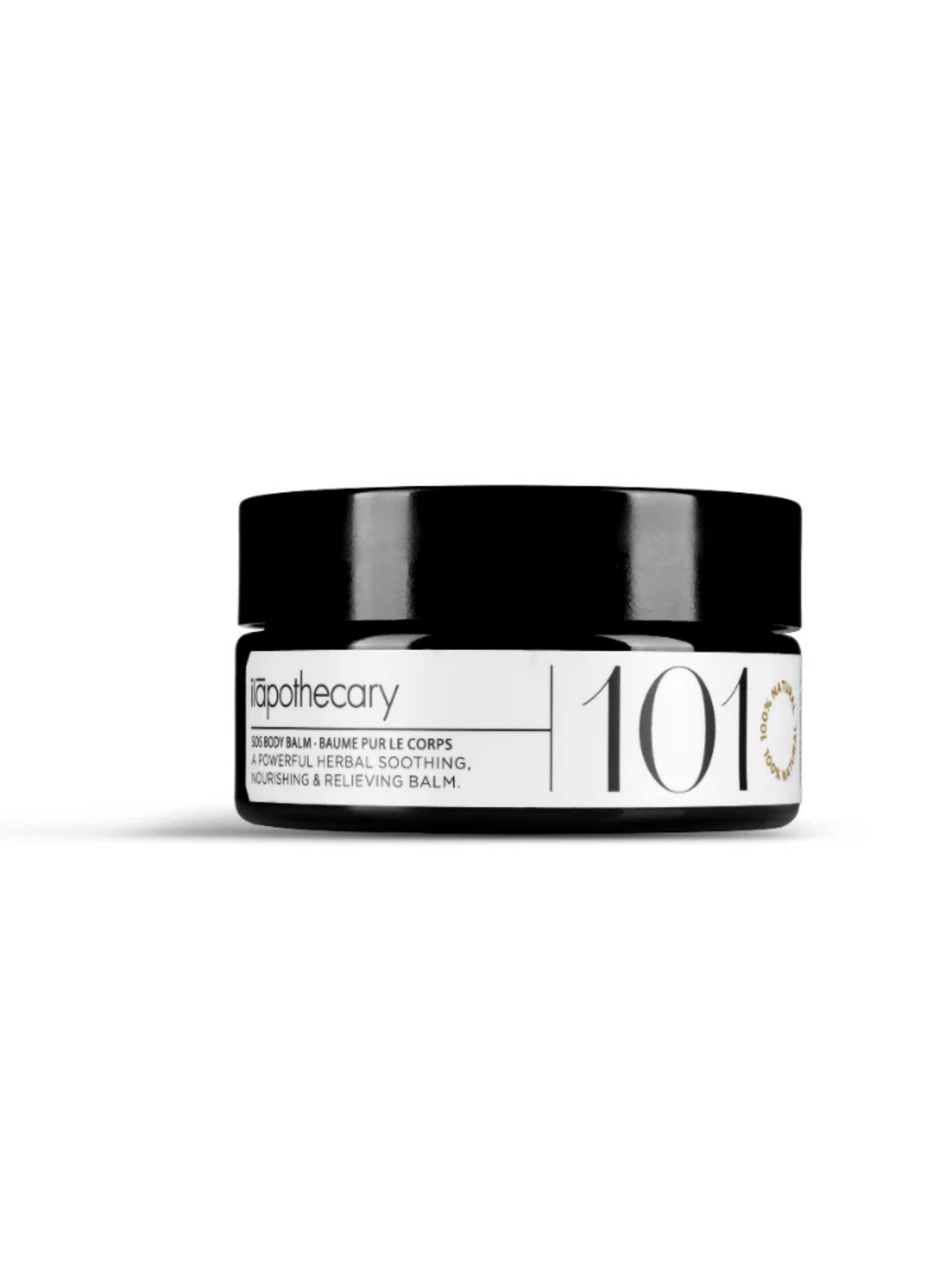 Jar of '101' balm with black lid on a white background