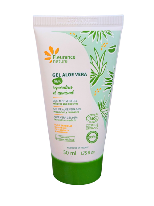 A 50 ml squeeze tube of Fleurance Nature 99% Aloe Vera Gel, featuring a white and light green design with a green cap, set against a plain white background.