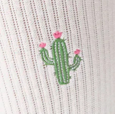 cute Pilates grip socks UK. Embroidered cactus with pink flowers on a white fabric background
