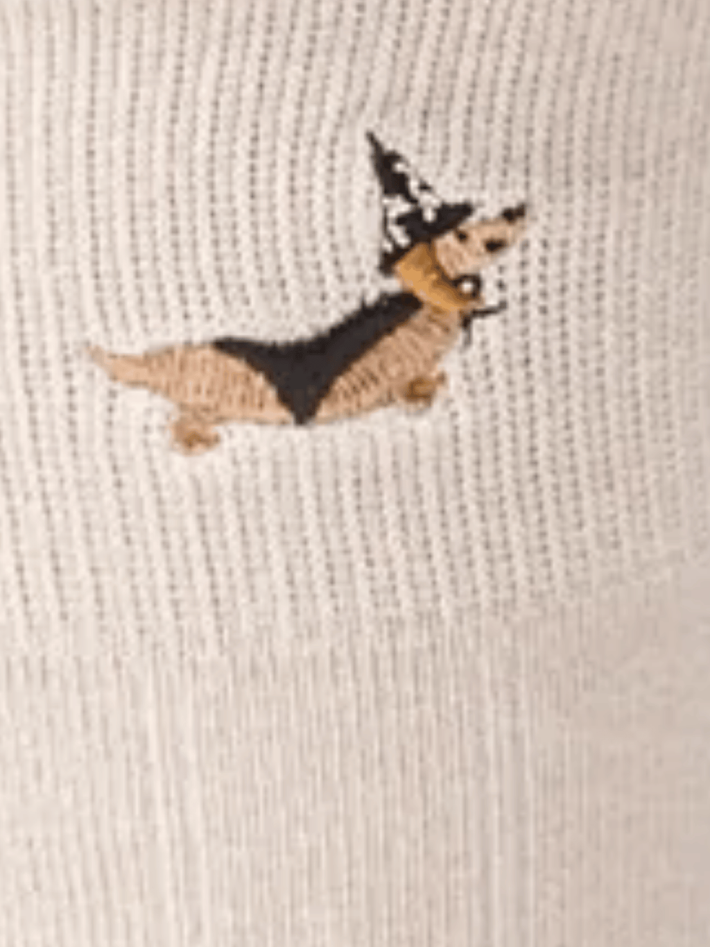 Embroidered dachshund wearing a witch hat on a beige fabric background