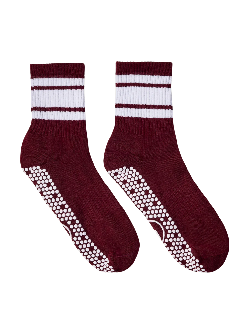 Pair of maroon socks with white stripes and textured sole on a white background
