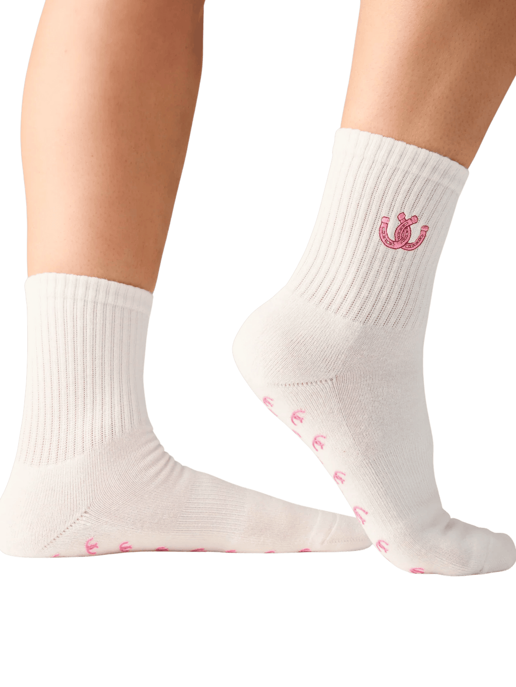 White socks with pink horseshoe