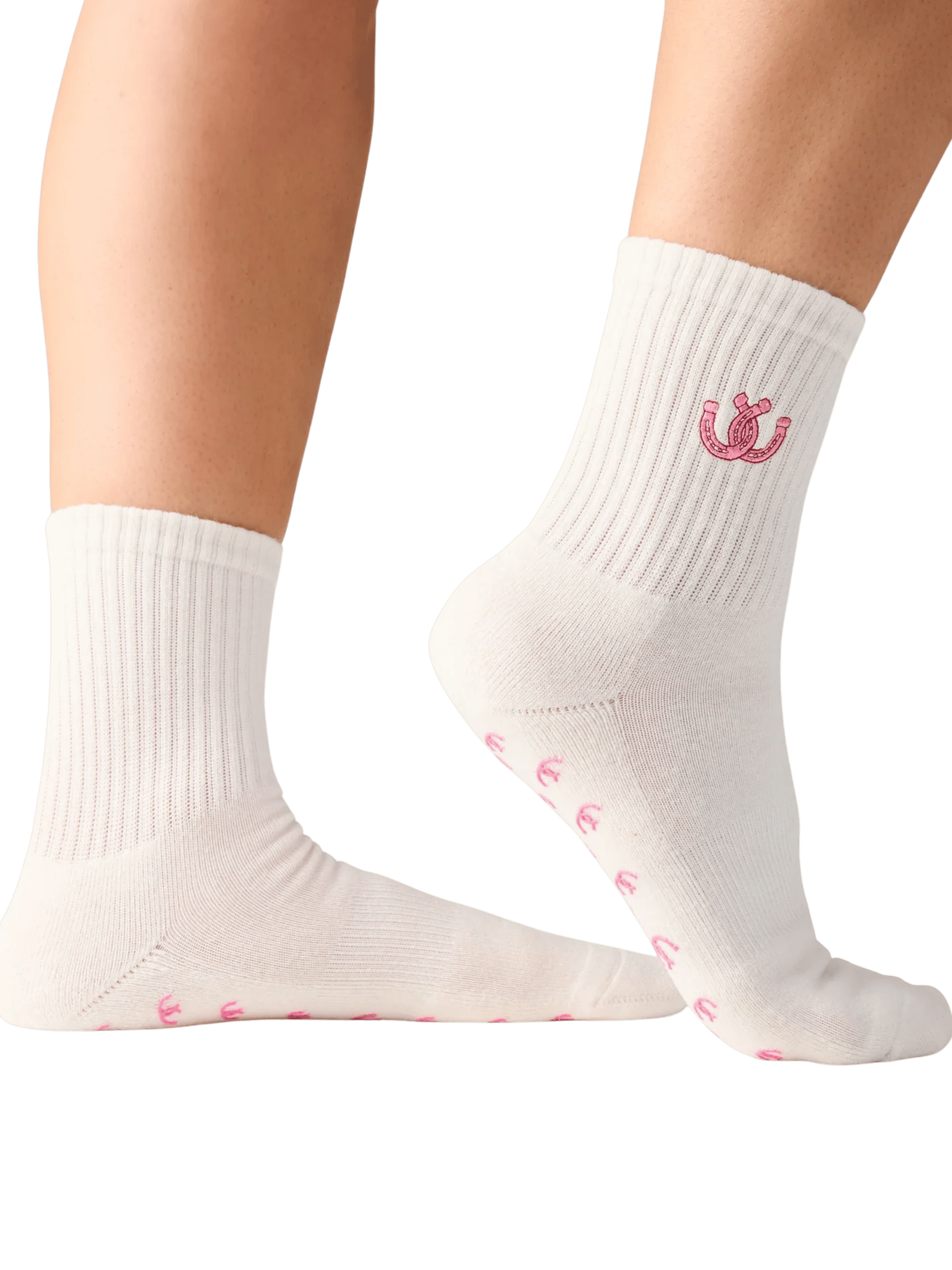 White socks with pink horseshoe