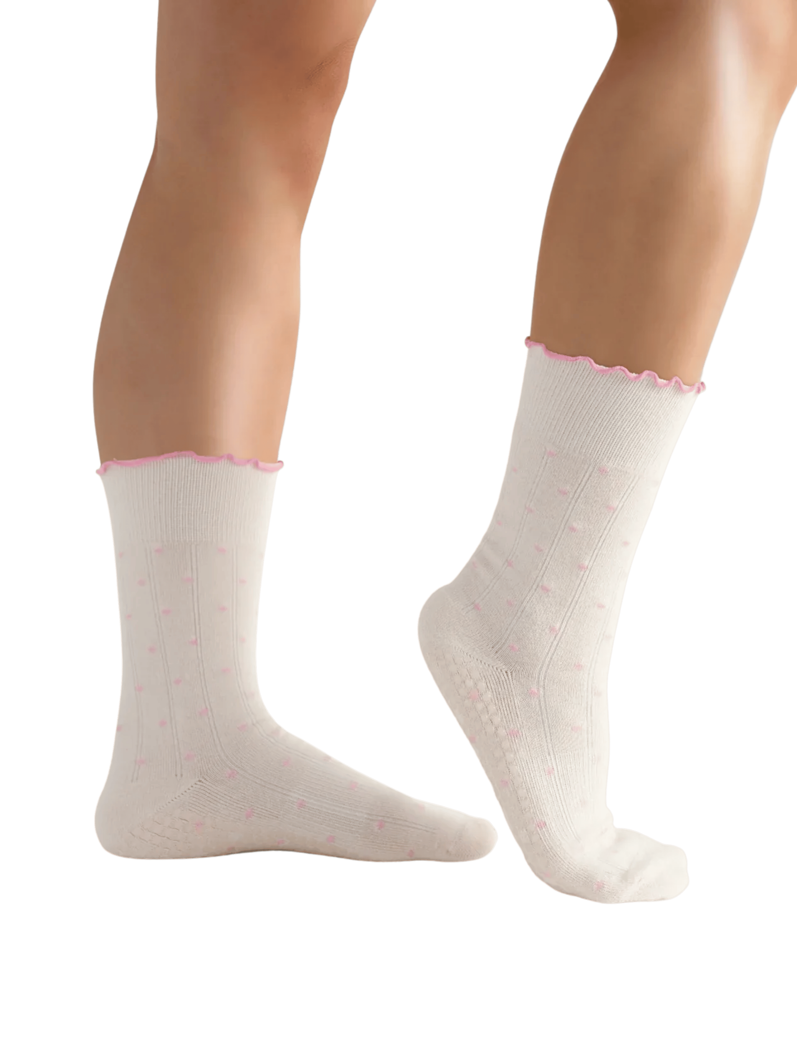 White socks with lace trim worn by a person on a transparent background