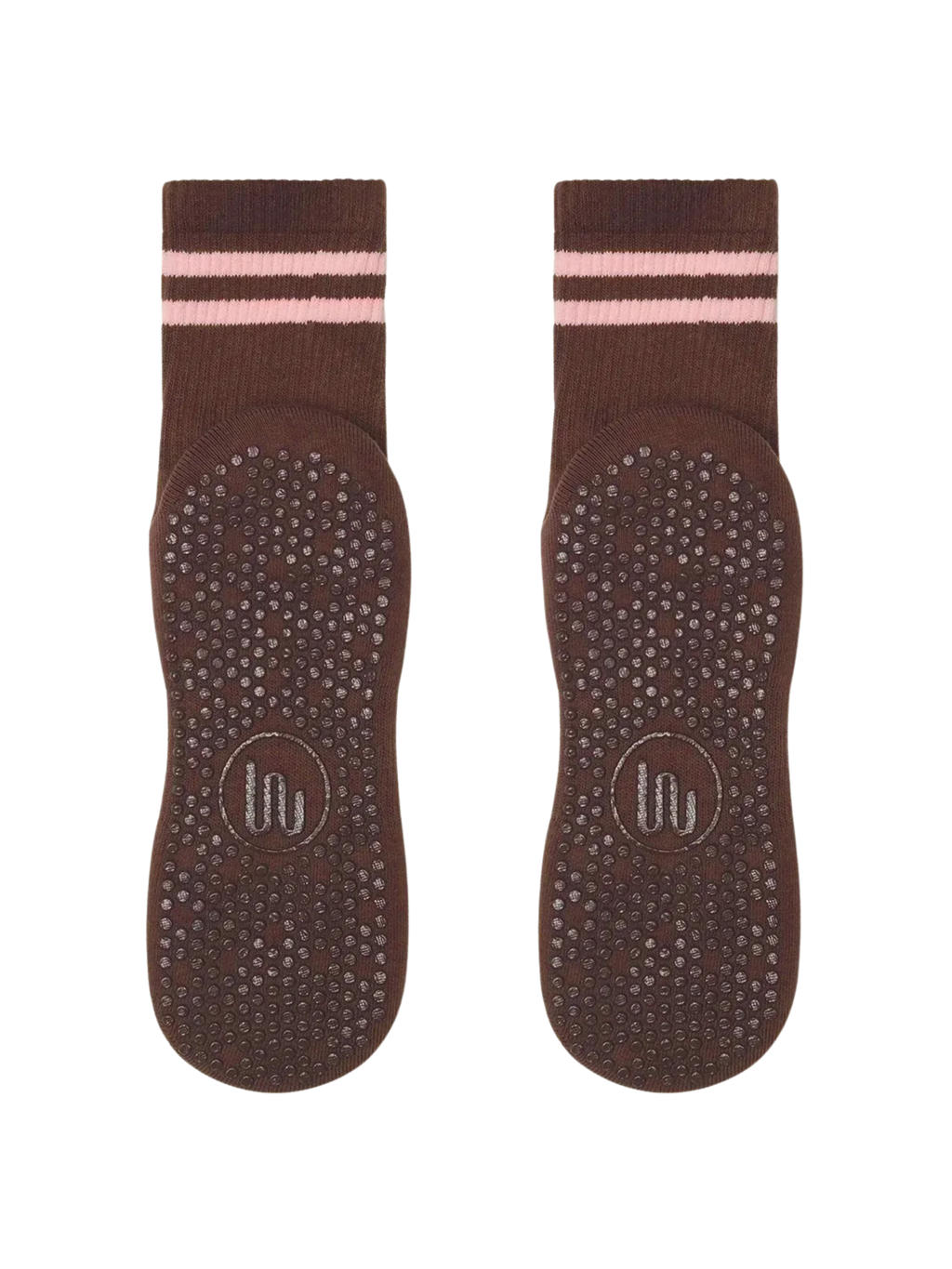 Pair of brown socks with pink stripes on a white background