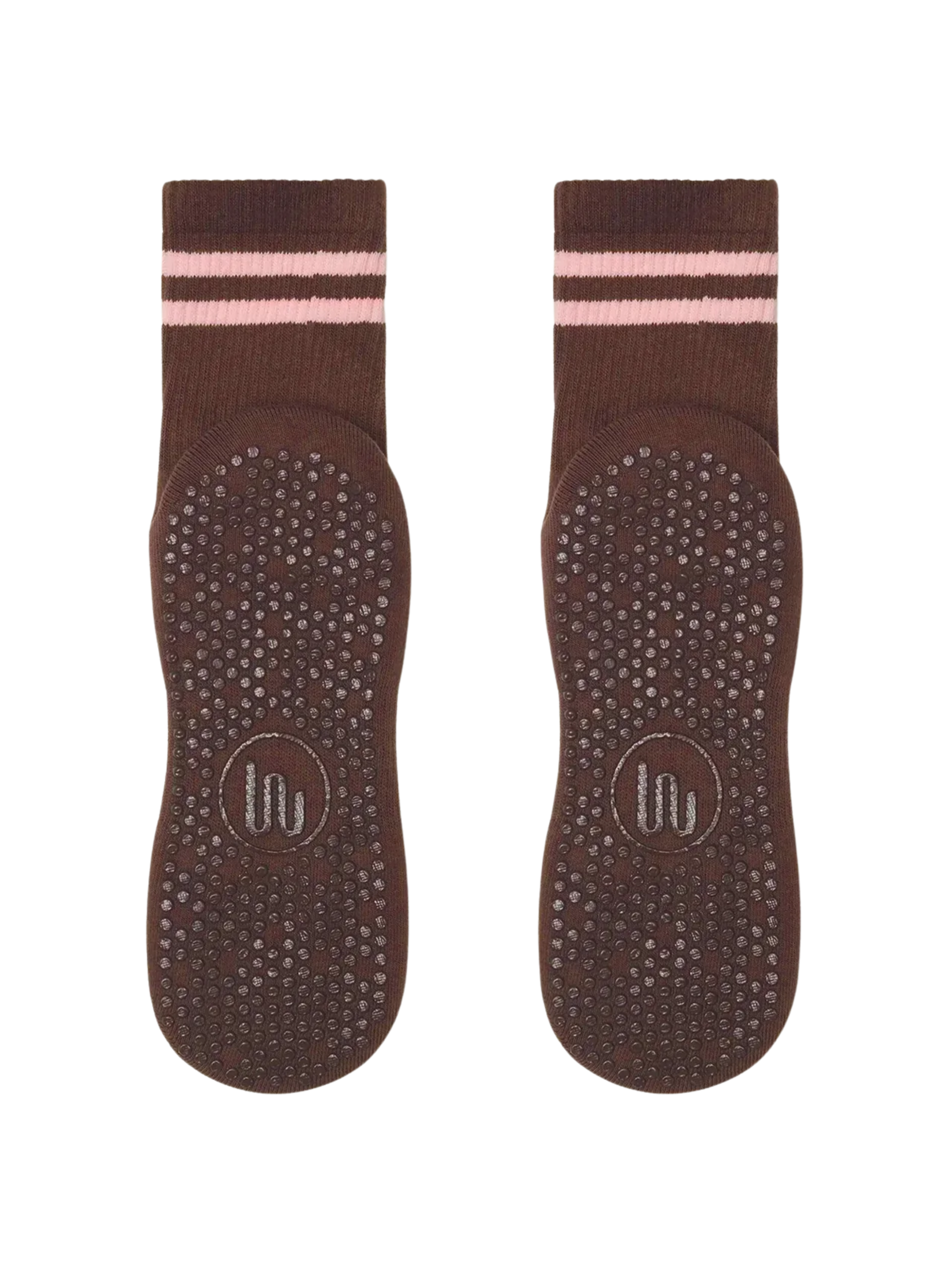Pair of brown socks with pink stripes on a white background