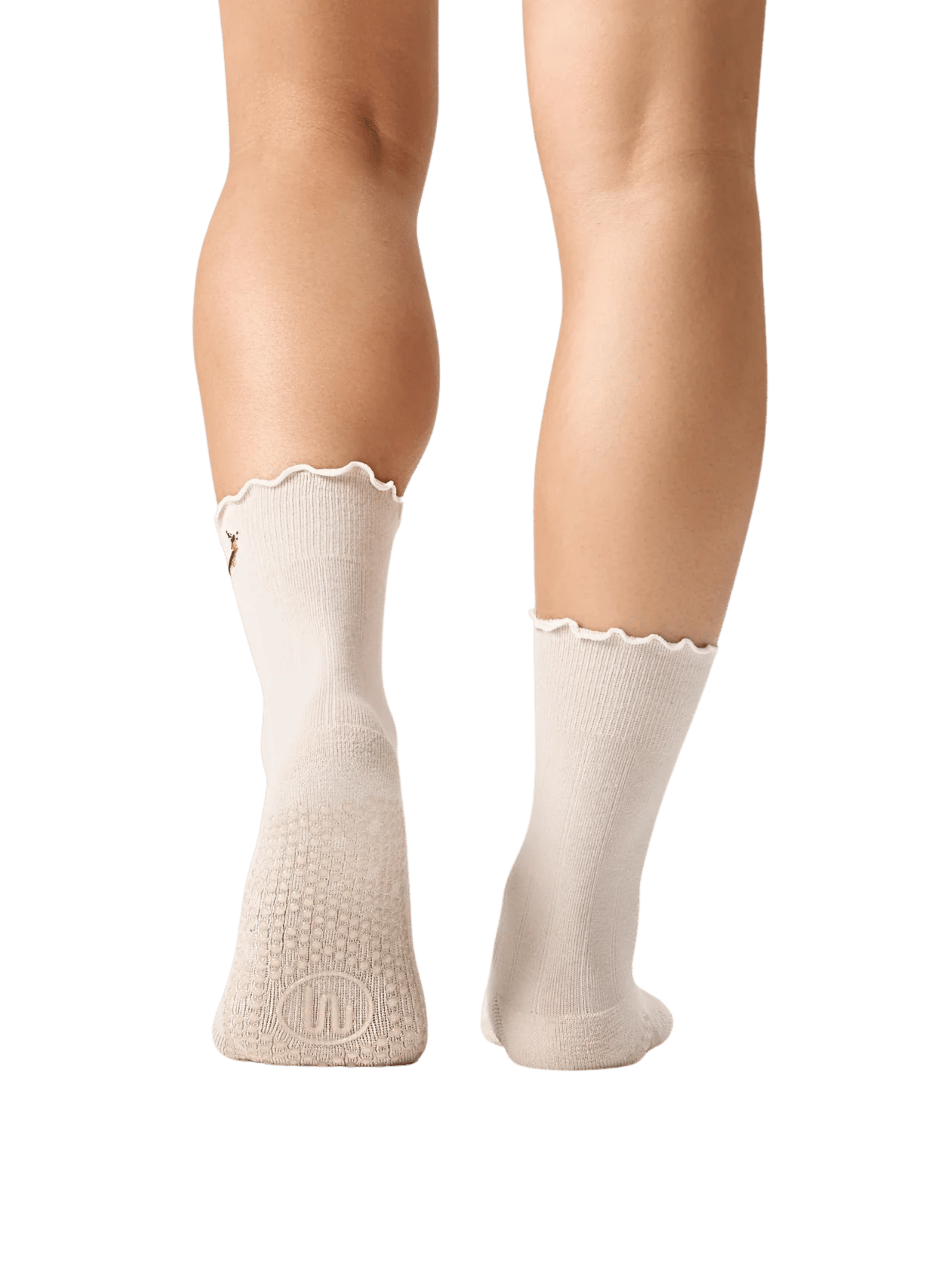 grey socks with frill edges worn by a person on a transparent background