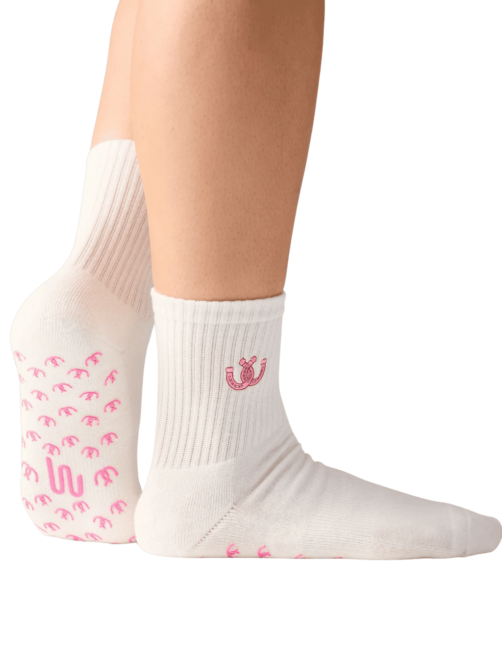 White socks with pink horseshoe pattern 