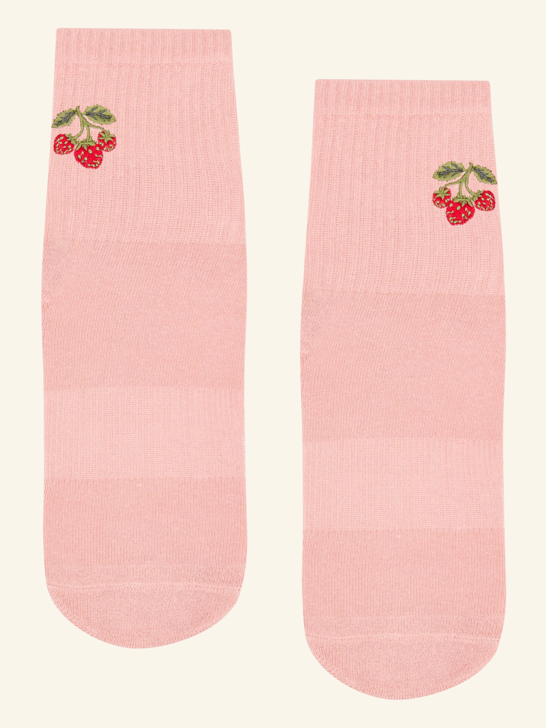 Pink socks with cherry design on a beige background