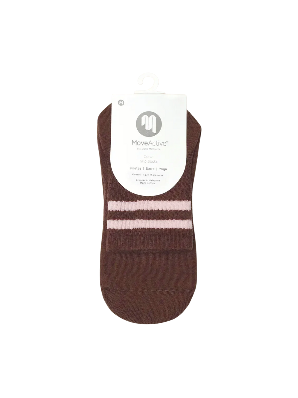 Brown ankle sock with a white label on a white background