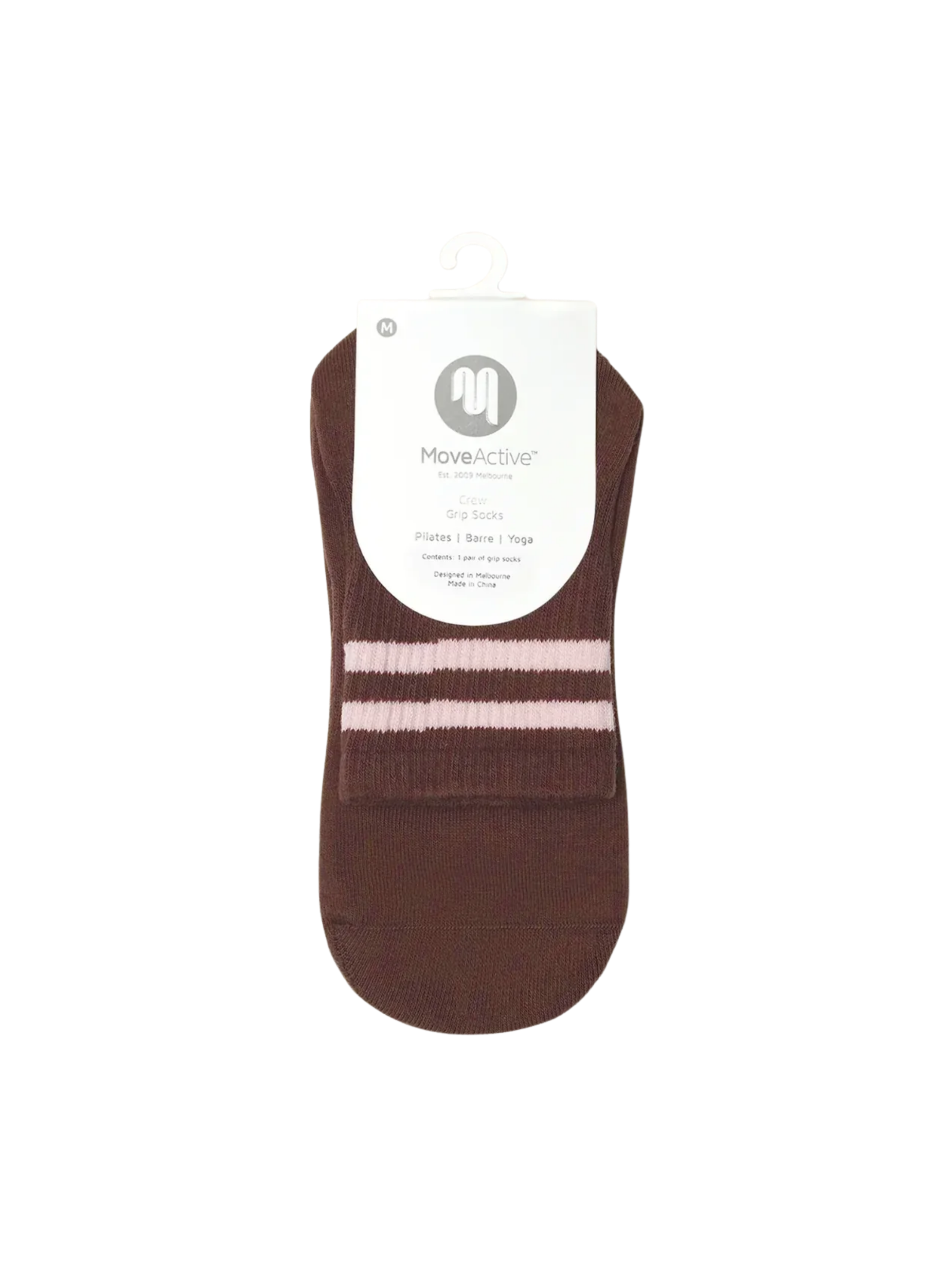 Brown ankle sock with a white label on a white background