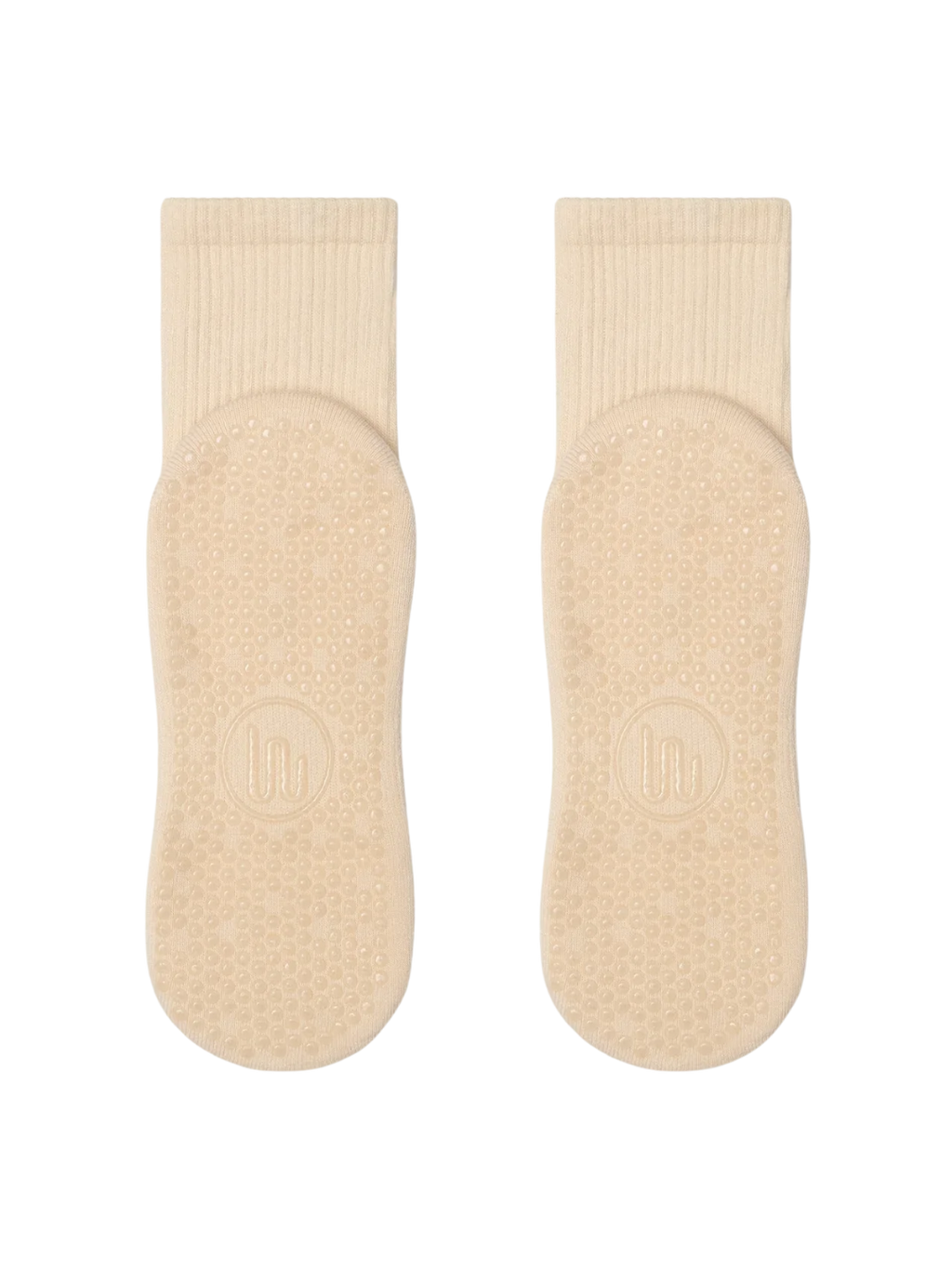 Pair of beige socks on a white background