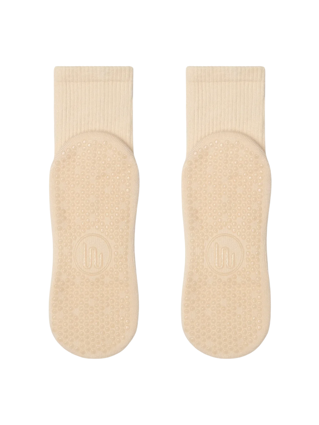 Pair of beige socks on a white background