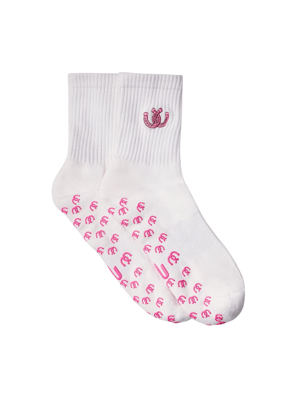 White socks with pink horseshow patterns 