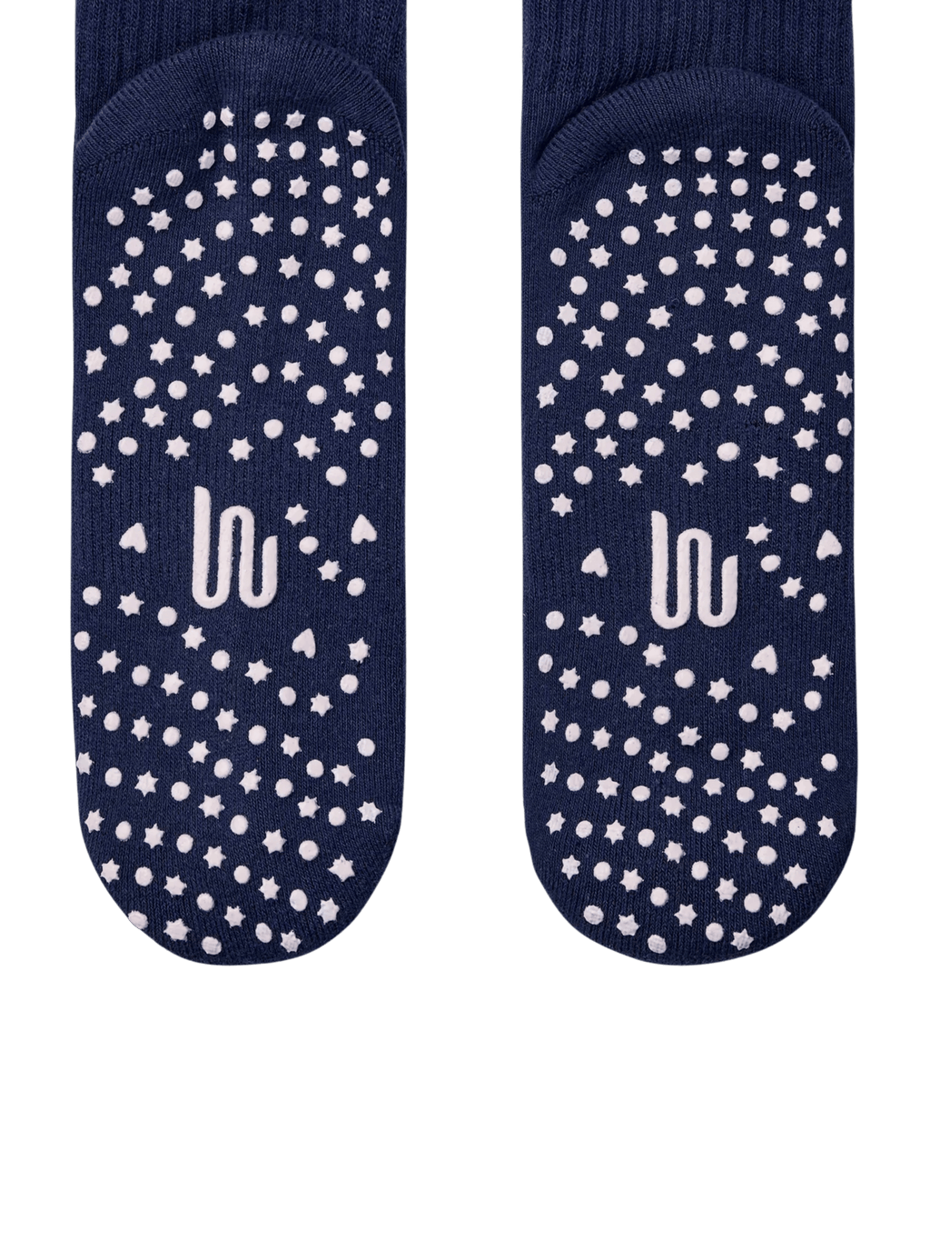 Navy blue socks with white star patterns and logos on a transparent background