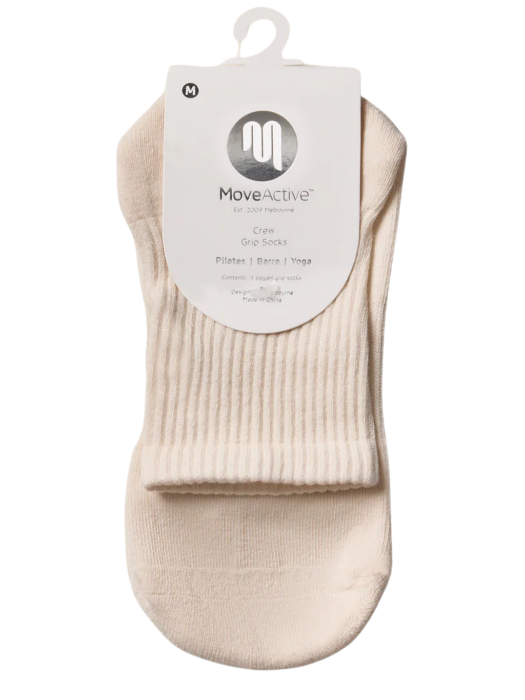 Beige ankle sock with MoveActive packaging on a white background