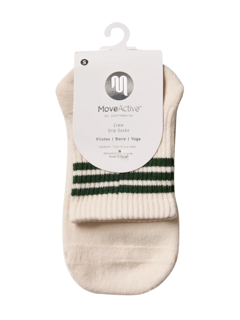 Beige ankle sock with green stripes on a white background, featuring 'Move Active' packaging.