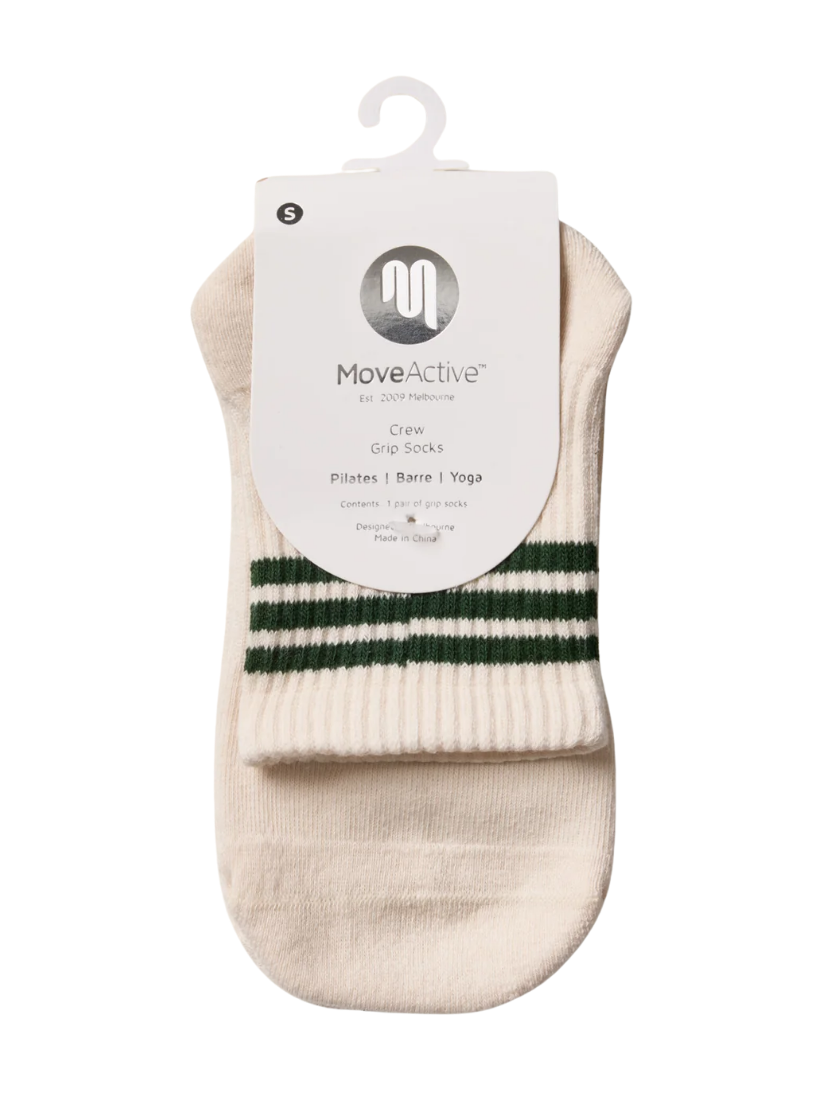 Beige ankle sock with green stripes on a white background, featuring 'Move Active' packaging.