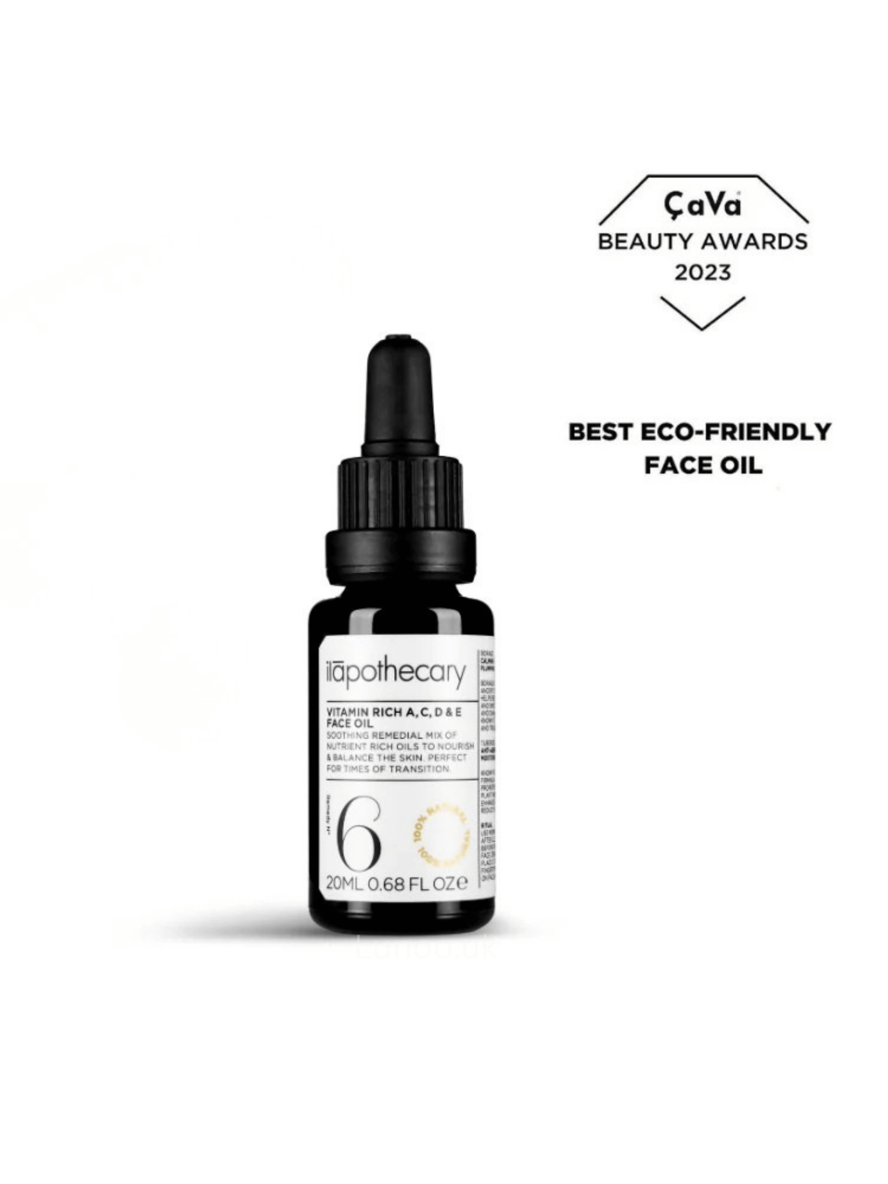 Bottle of face oil with a dropper labeled 'ilapothecary' on a white background, featuring the ÇaVa Beauty Awards 2023 logo.