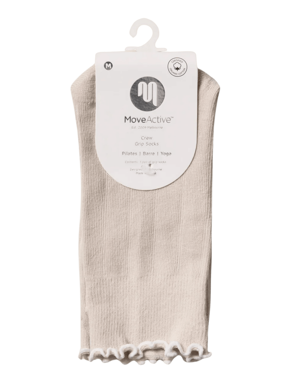 Beige ankle sock with white lace trim on a hanger against a green background