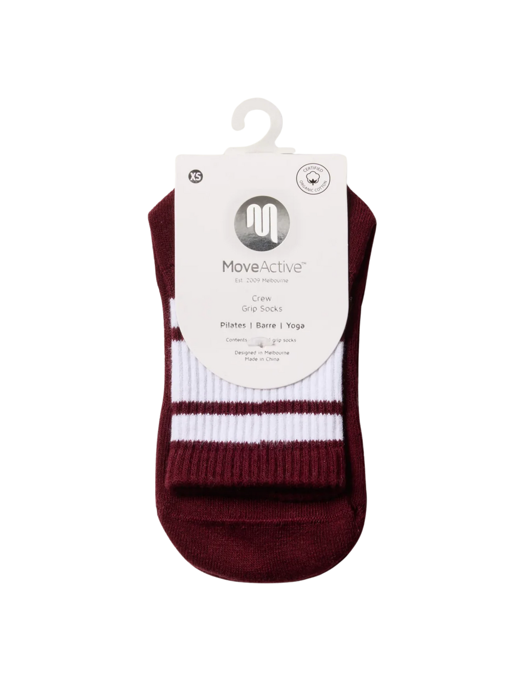 Maroon and white ankle sock with MoveActive label on a white background