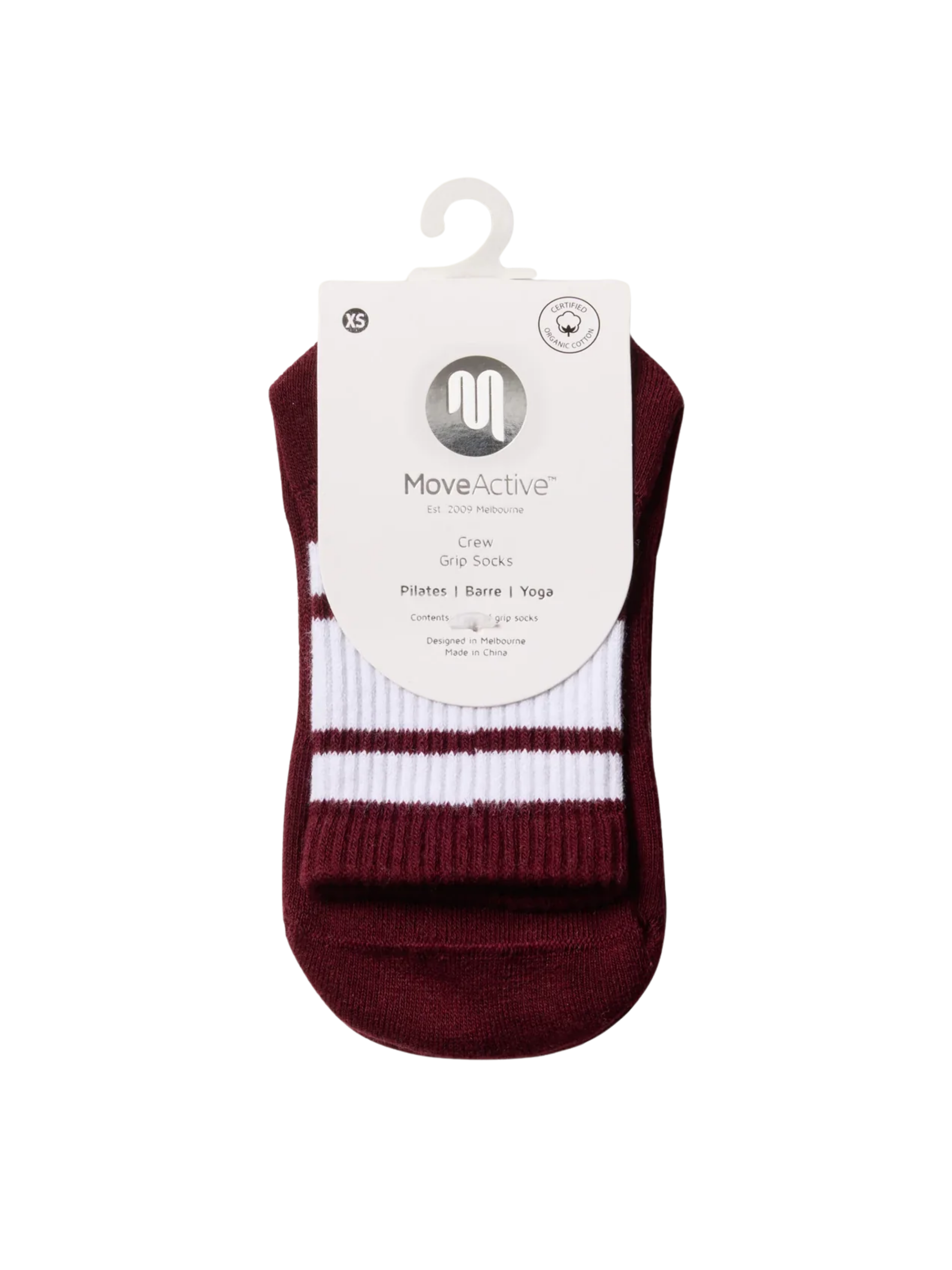 Maroon and white ankle sock with MoveActive label on a white background