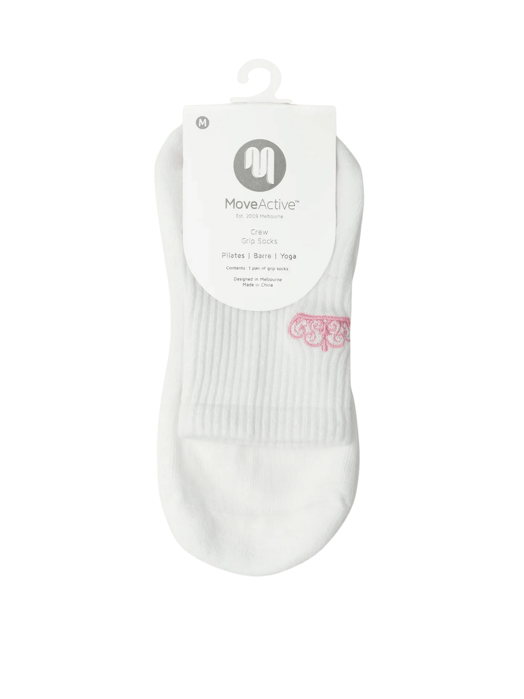 White ankle sock on a hanger with 'MoveActive' label against a green background