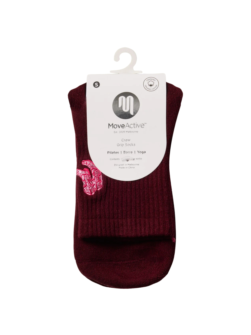 Burgundy ankle sock with a pink flower design on a white background, featuring the MoveActive brand.