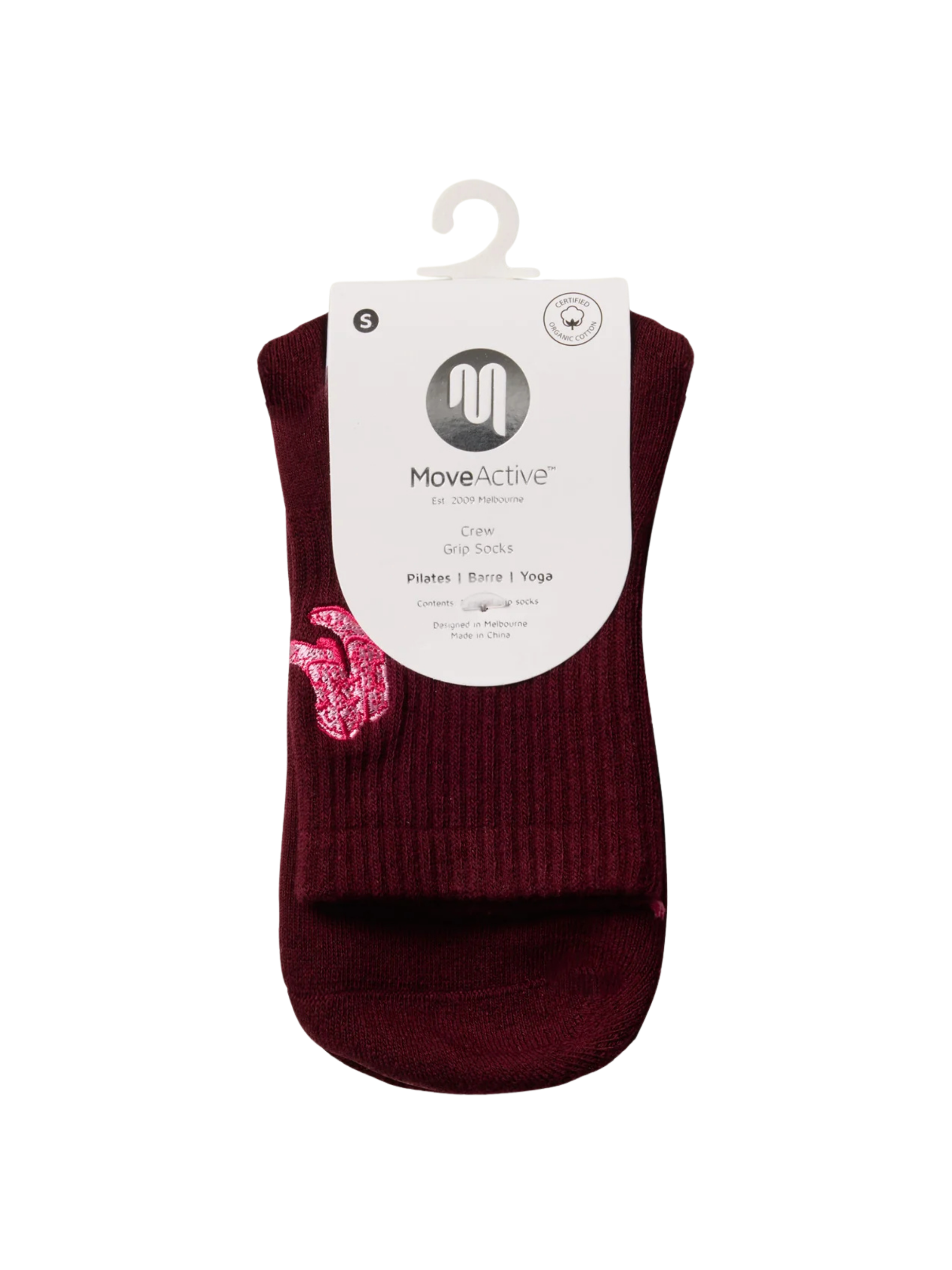 Burgundy ankle sock with a pink flower design on a white background, featuring the MoveActive brand.