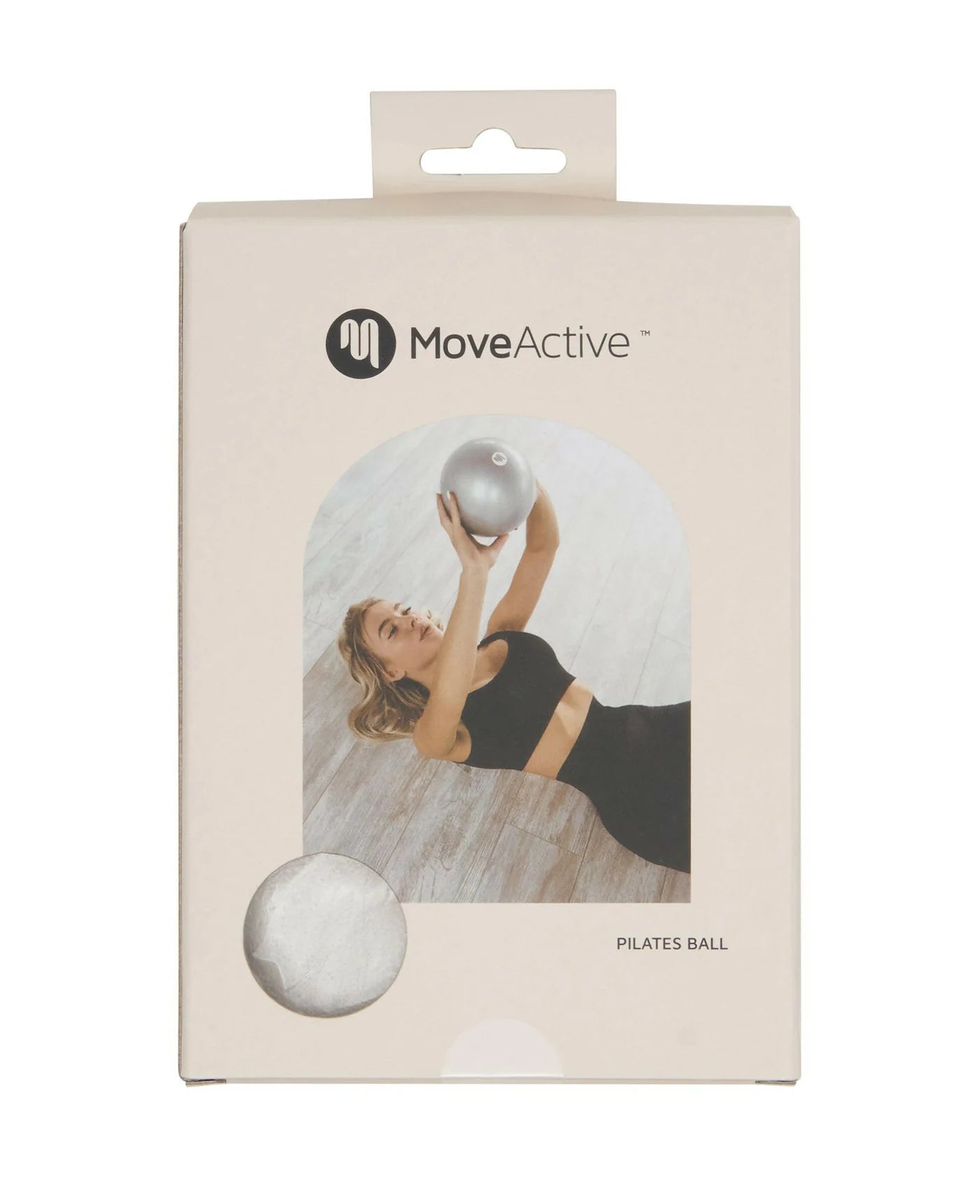 MoveActive Pilates Ball packaging with a woman holding a ball on a white background