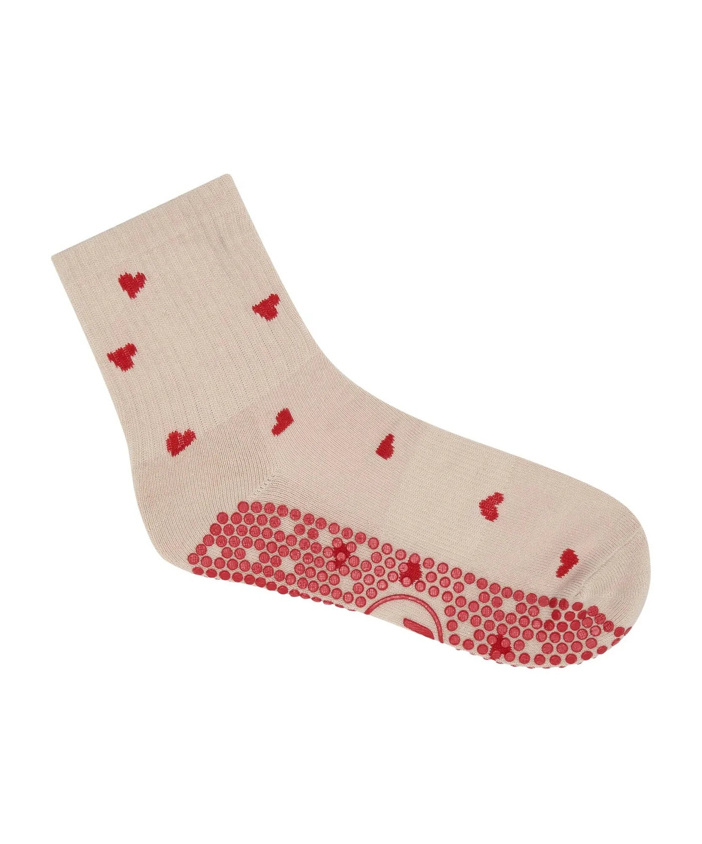 Beige sock with red heart patterns on a white background