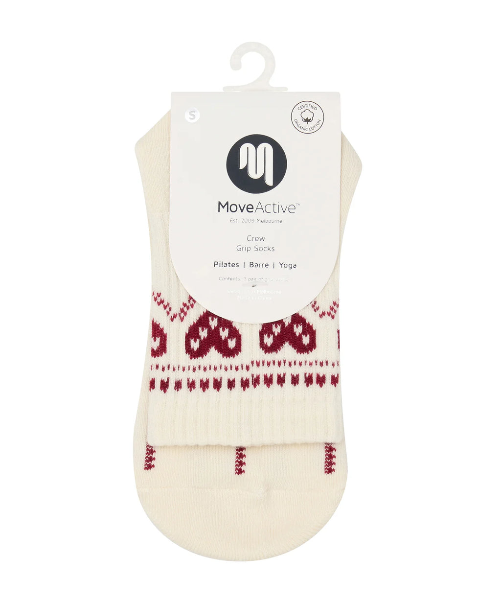 Pair of cream socks with red pattern on a white background, featuring MoveActive branding.
