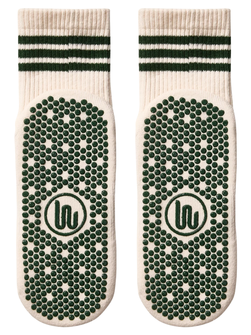 Pair of white socks with green textured sole and logo on a white background