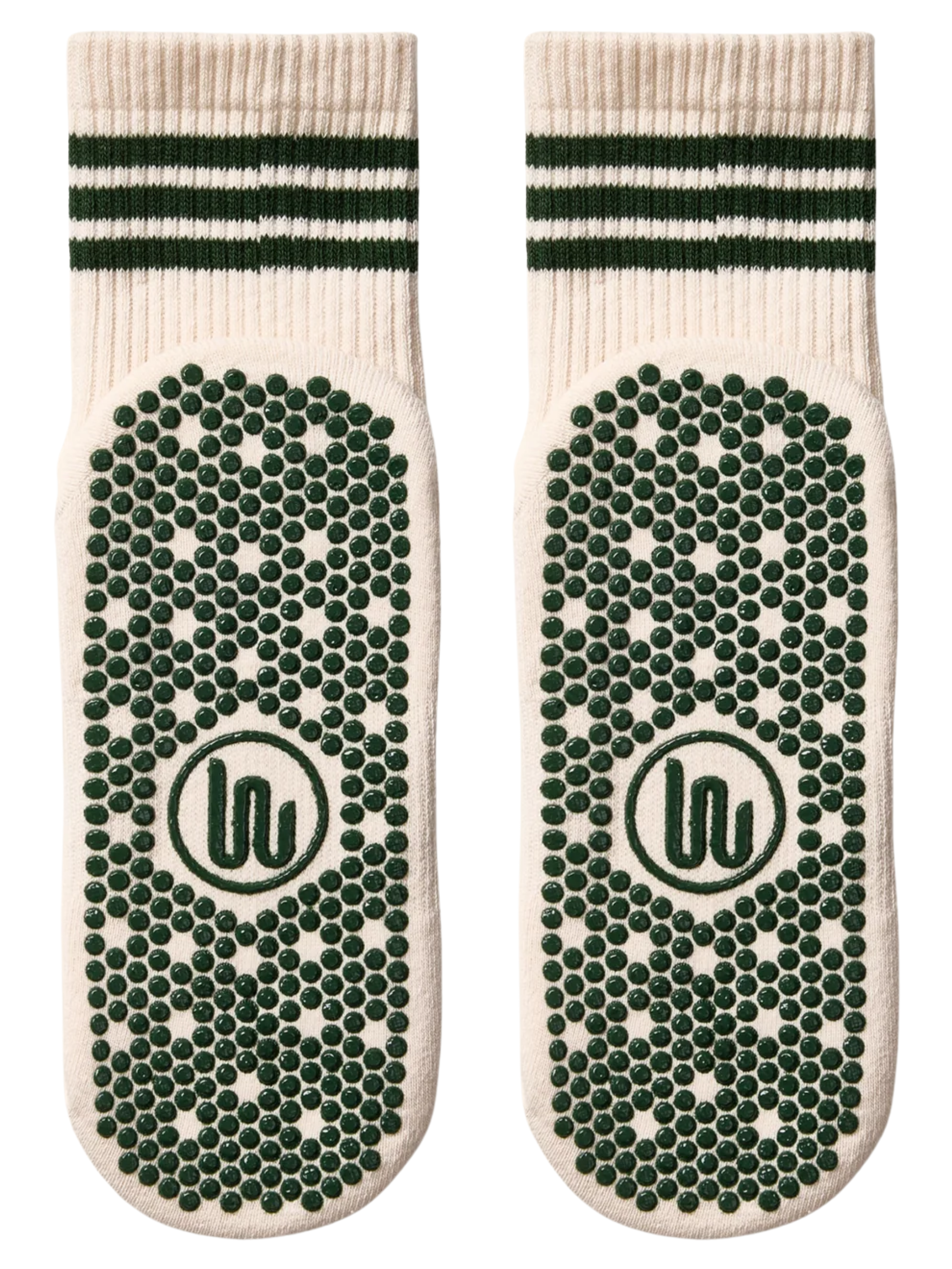 Pair of white socks with green textured sole and logo on a white background