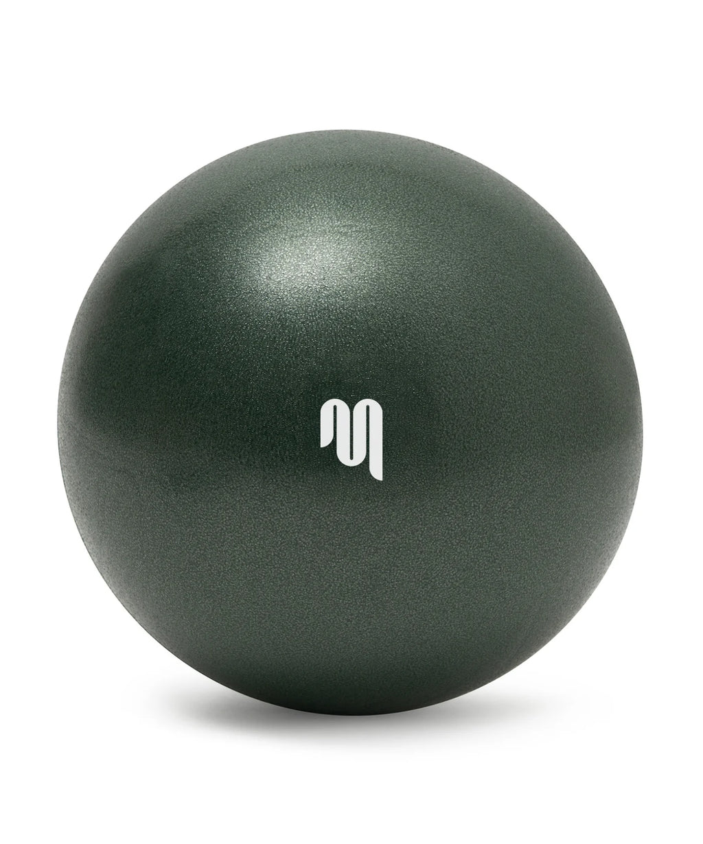 Dark green exercise ball with a logo on a white background