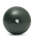 Dark green exercise ball with a logo on a white background