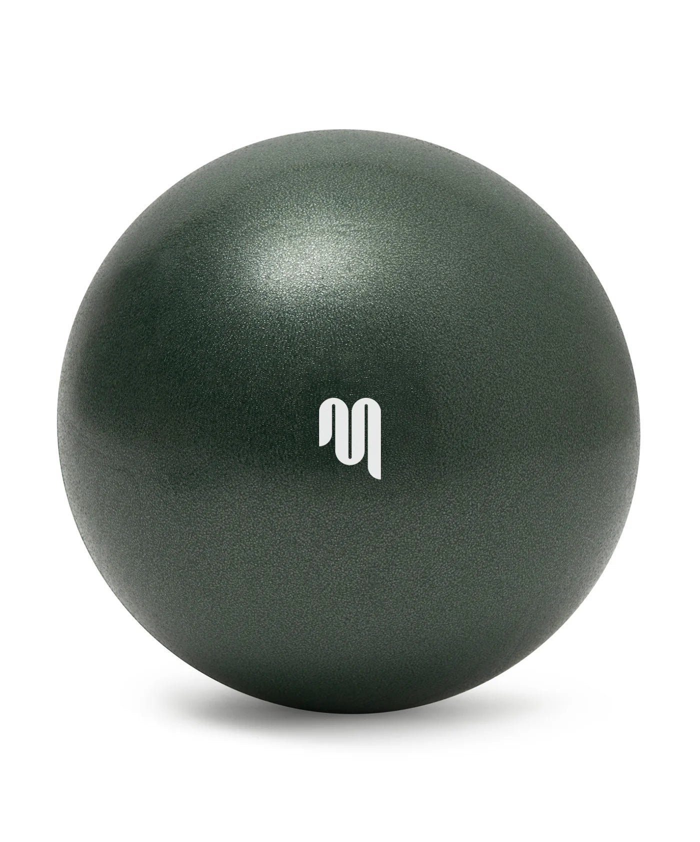 Dark green exercise ball with a logo on a white background