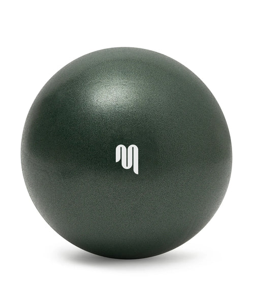Dark green exercise ball with a logo on a white background